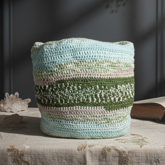 Misty Forest Crochet Cushion – Calm for Quiet Spaces, 34×34 cm by Hook & Hex