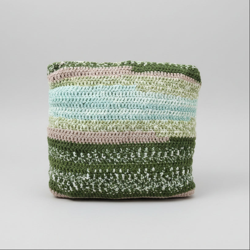 Misty Forest Crochet Cushion – Calm for Quiet Spaces, 34×34 cm by Hook & Hex