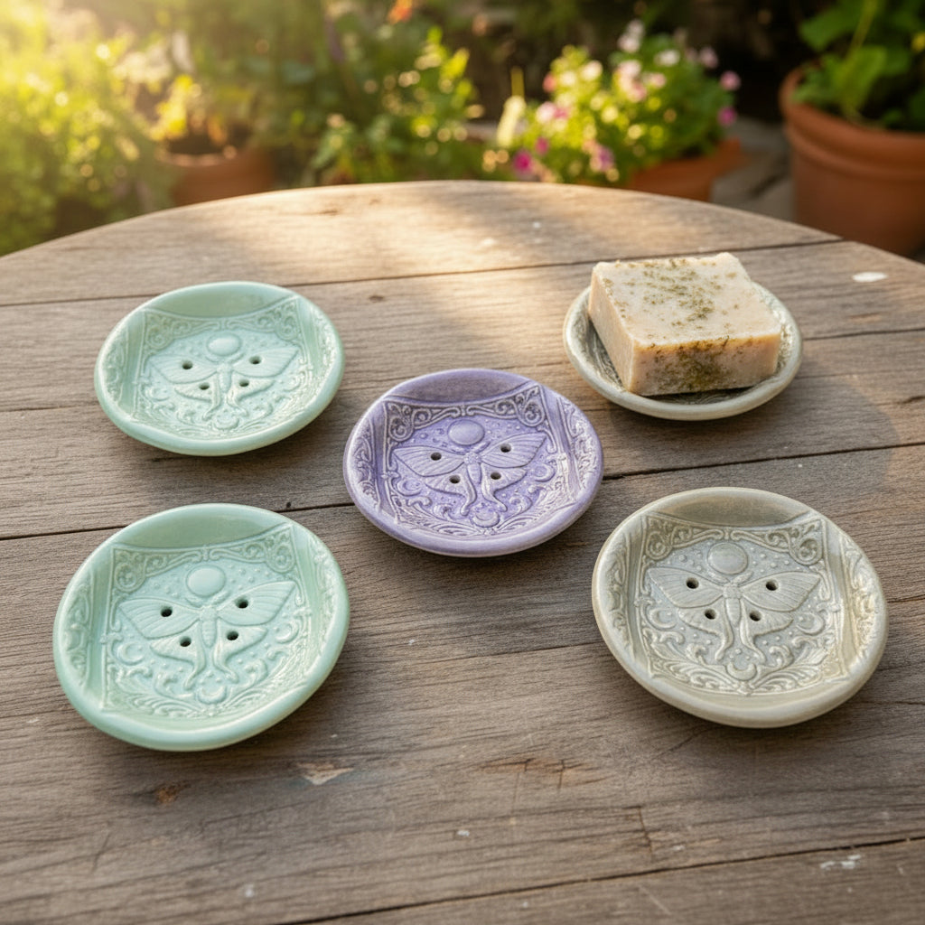 Moon Phase Moth Ceramic Soap Dish – Celestial Bathroom Ritual, Ø10 × 2 cm by Red Raven Pottery