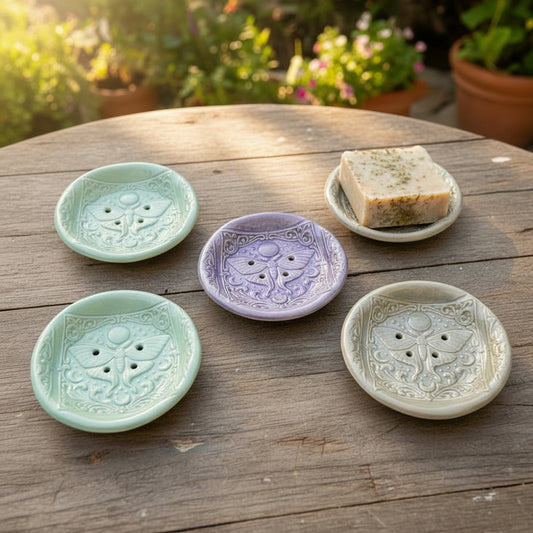 Moon Phase Moth Ceramic Soap Dish – Celestial Bathroom Ritual, Ø10 × 2 cm by Red Raven Pottery