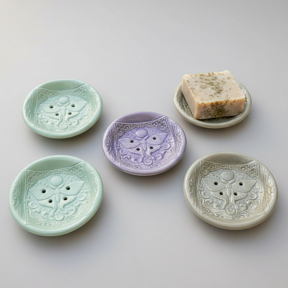 Moon Phase Moth Ceramic Soap Dish – Celestial Bathroom Ritual, Ø10 × 2 cm by Red Raven Pottery