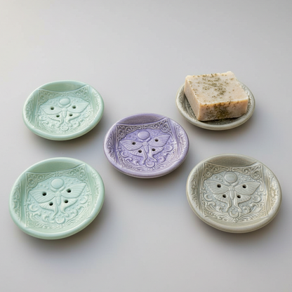 Moon Phase Moth Ceramic Soap Dish – Celestial Bathroom Ritual, Ø10 × 2 cm by Red Raven Pottery