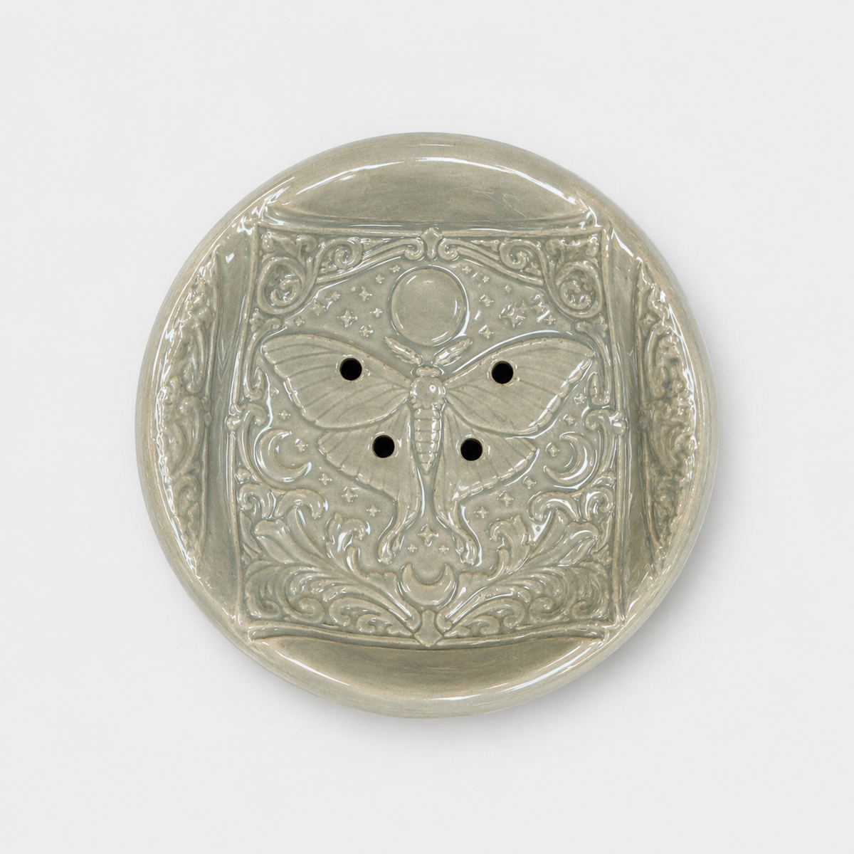 Moon Phase Moth Ceramic Soap Dish – Celestial Bathroom Ritual, Ø10 × 2 cm by Red Raven Pottery