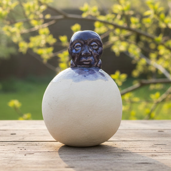 Moonface Gaze Ceramic Vase – Lunar Whispers for Dried Stems, Ø9 × 13 cm by Red Raven Pottery