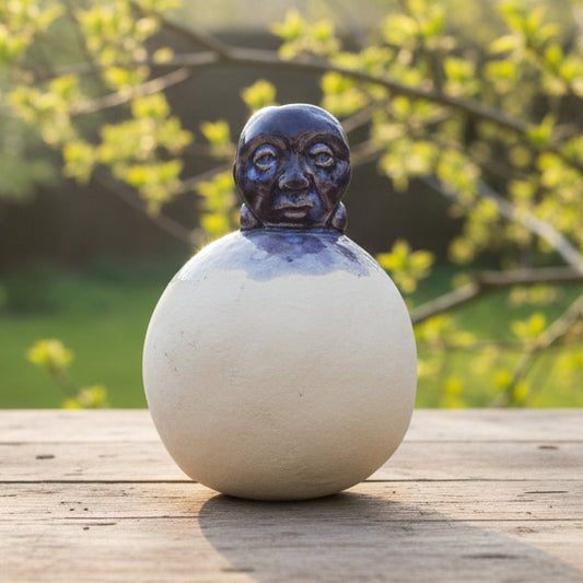 Moonface Gaze Ceramic Vase – Lunar Whispers for Dried Stems, Ø9 × 13 cm by Red Raven Pottery