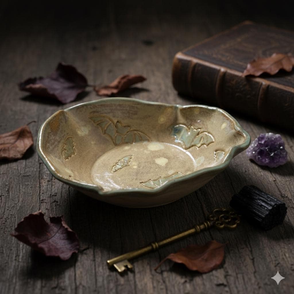 Moonlit Bat Ceramic Ruffle Bowl –  Dusklit Offering Vessel, Ø16 ×5 cm by Red Raven Pottery