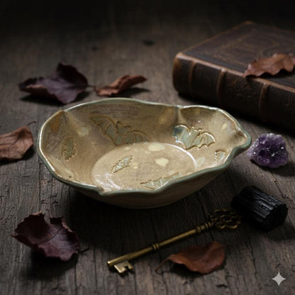 Moonlit Bat Ceramic Ruffle Bowl –  Dusklit Offering Vessel, Ø16 ×5 cm by Red Raven Pottery