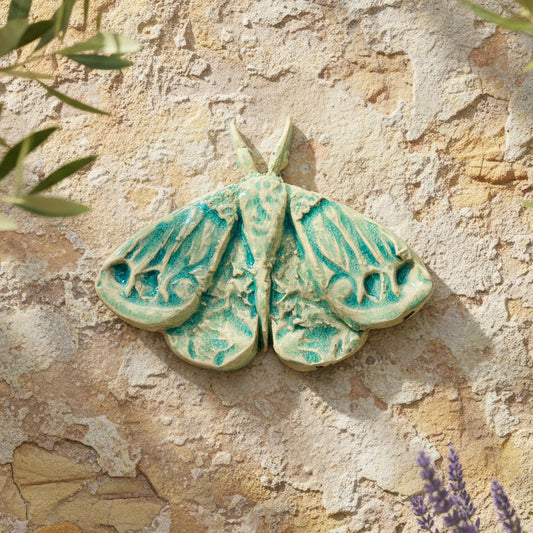 Moonlit Moth Ceramic Hanging – Winged Night Companion, 14 × 10.5 × 1.5 cm by Red Raven Pottery