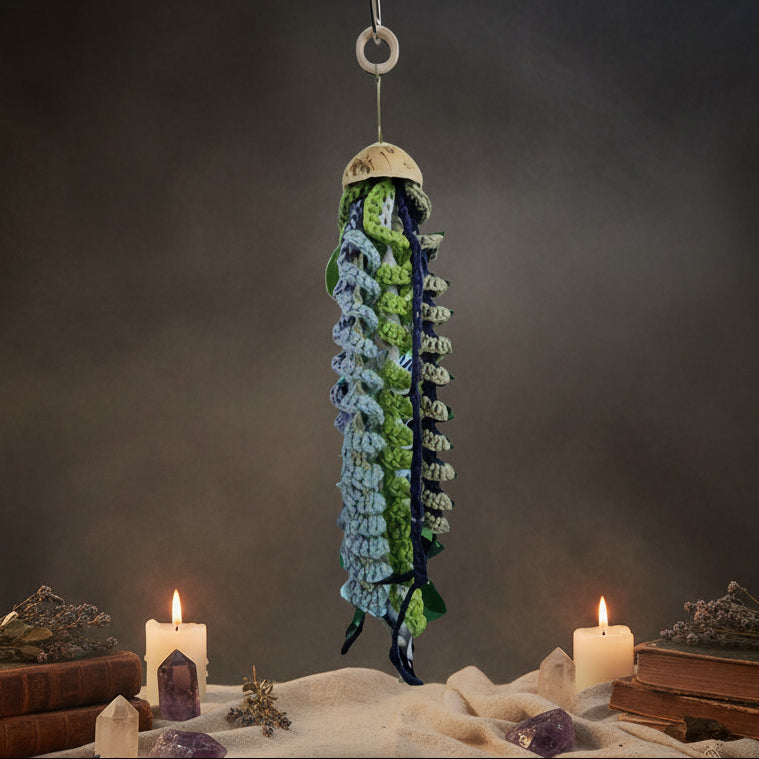 Moonwater Jellyfish Crochet Hanging – Emerald Drift with Ceramic Head, 38 cm by Hook & Hex