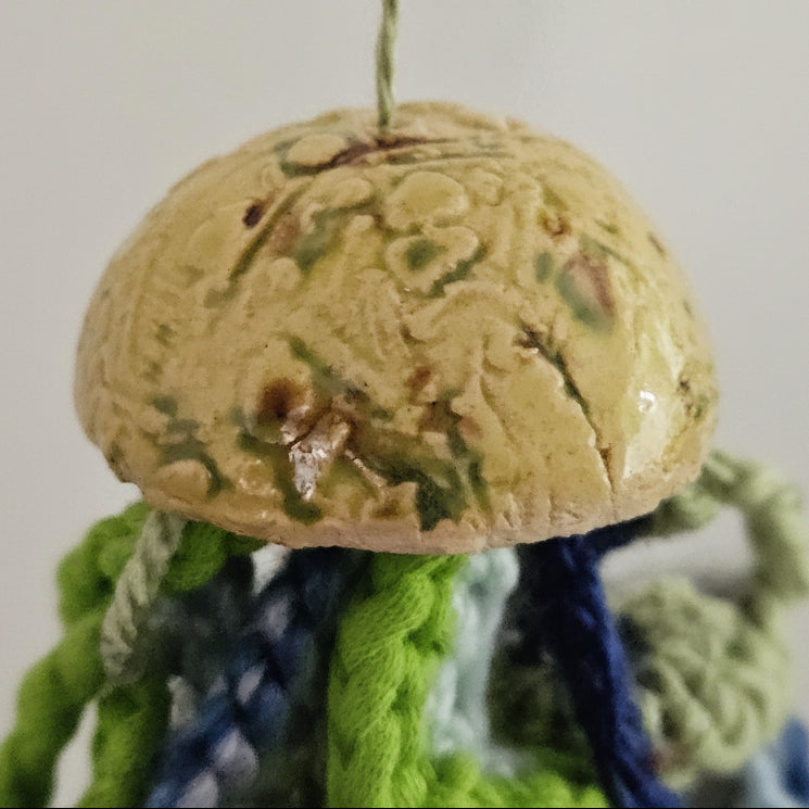 Moonwater Jellyfish Crochet Hanging – Emerald Drift with Ceramic Head, 38 cm by Hook & Hex