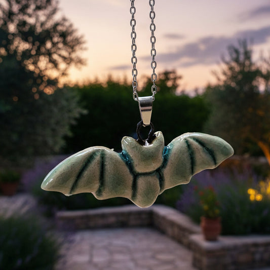 Moonwing Bat Necklace – Twilight Ceramic Pendant, 6 × 2.3 cm by Red Raven Pottery