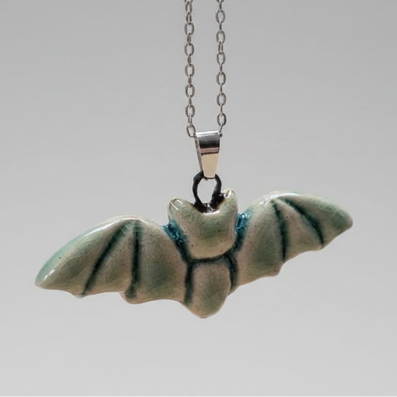 Moonwing Bat Necklace – Twilight Ceramic Pendant, 6 × 2.3 cm by Red Raven Pottery