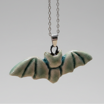 Moonwing Bat Necklace – Twilight Ceramic Pendant, 6 × 2.3 cm by Red Raven Pottery