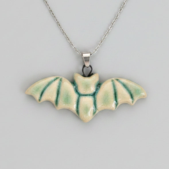 Moonwing Bat Necklace – Twilight Ceramic Pendant, 6 × 2.3 cm by Red Raven Pottery