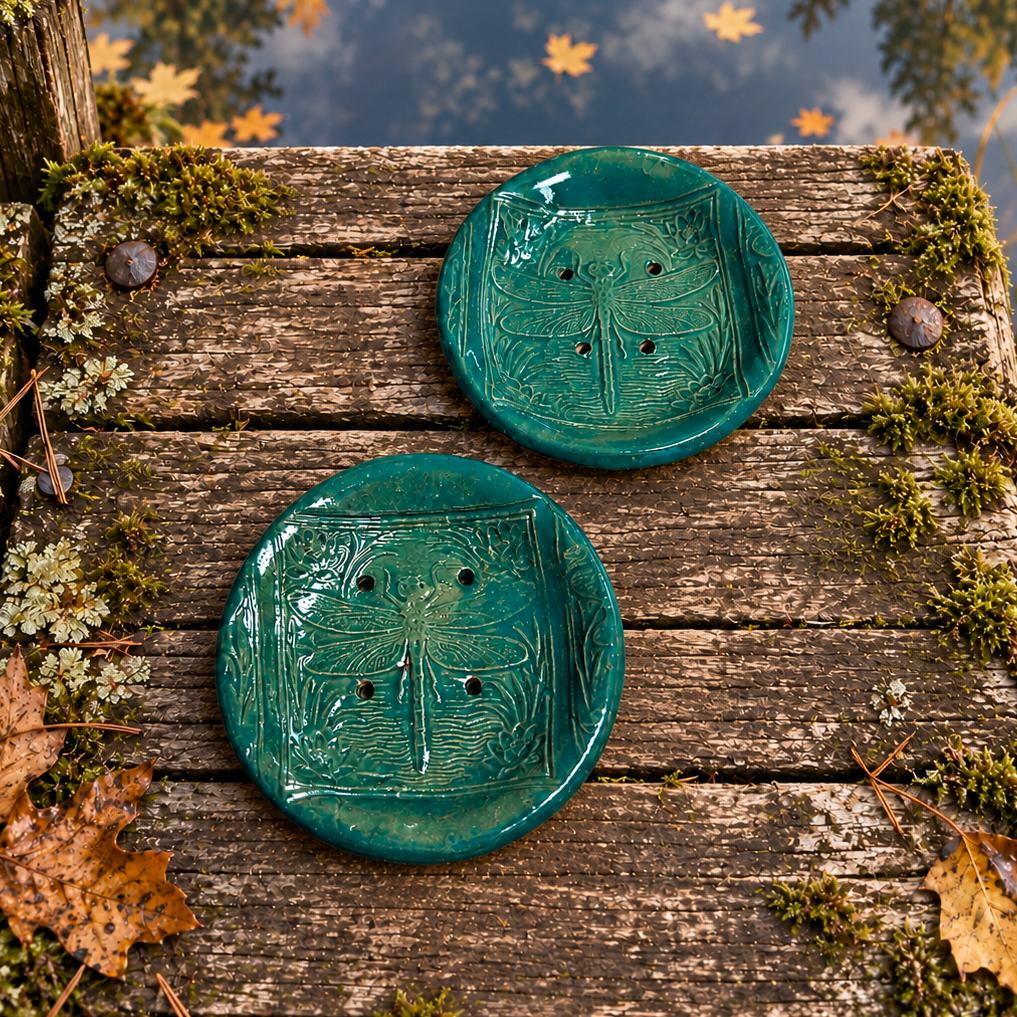 Mossmere Dragonfly Handmade Ceramic Soap Dish – Emerald Waters, Ø10 × 2 cm by Red Raven Pottery