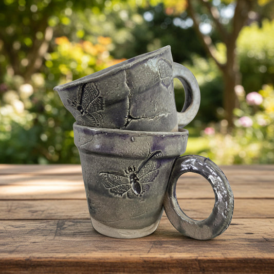 Moth Imprint Ceramic Espresso Cup – Transformation in Ash-Lilac Glaze, Ø7×6.5 cm by Red Raven Pottery