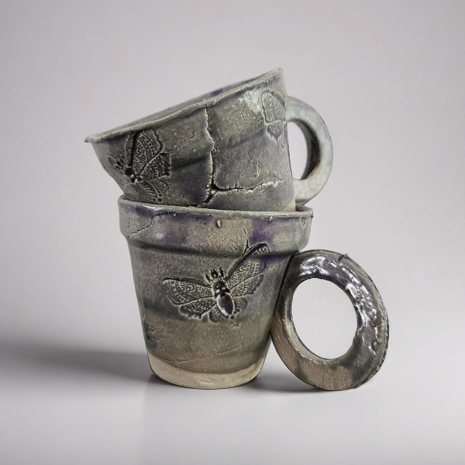 Moth Imprint Ceramic Espresso Cup – Transformation in Ash-Lilac Glaze, Ø7×6.5 cm by Red Raven Pottery