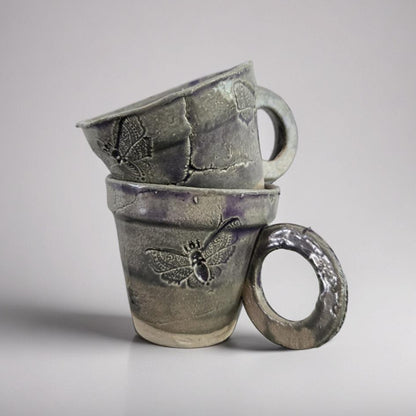 Moth Imprint Ceramic Espresso Cup – Transformation in Ash-Lilac Glaze, Ø7×6.5 cm by Red Raven Pottery