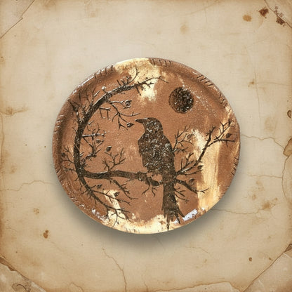 Mystic Raven & Moon Ceramic Plate – Pagan Altar Dish, Ø24 cm by Red Raven Pottery