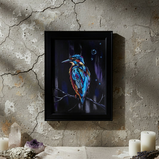 Neon Current Kingfisher Painting – Hand-painted Original Artwork 35×26 cm by Hook & Hex