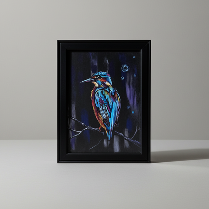 Neon Current Kingfisher Painting – Hand-painted Original Artwork 35×26 cm by Hook & Hex