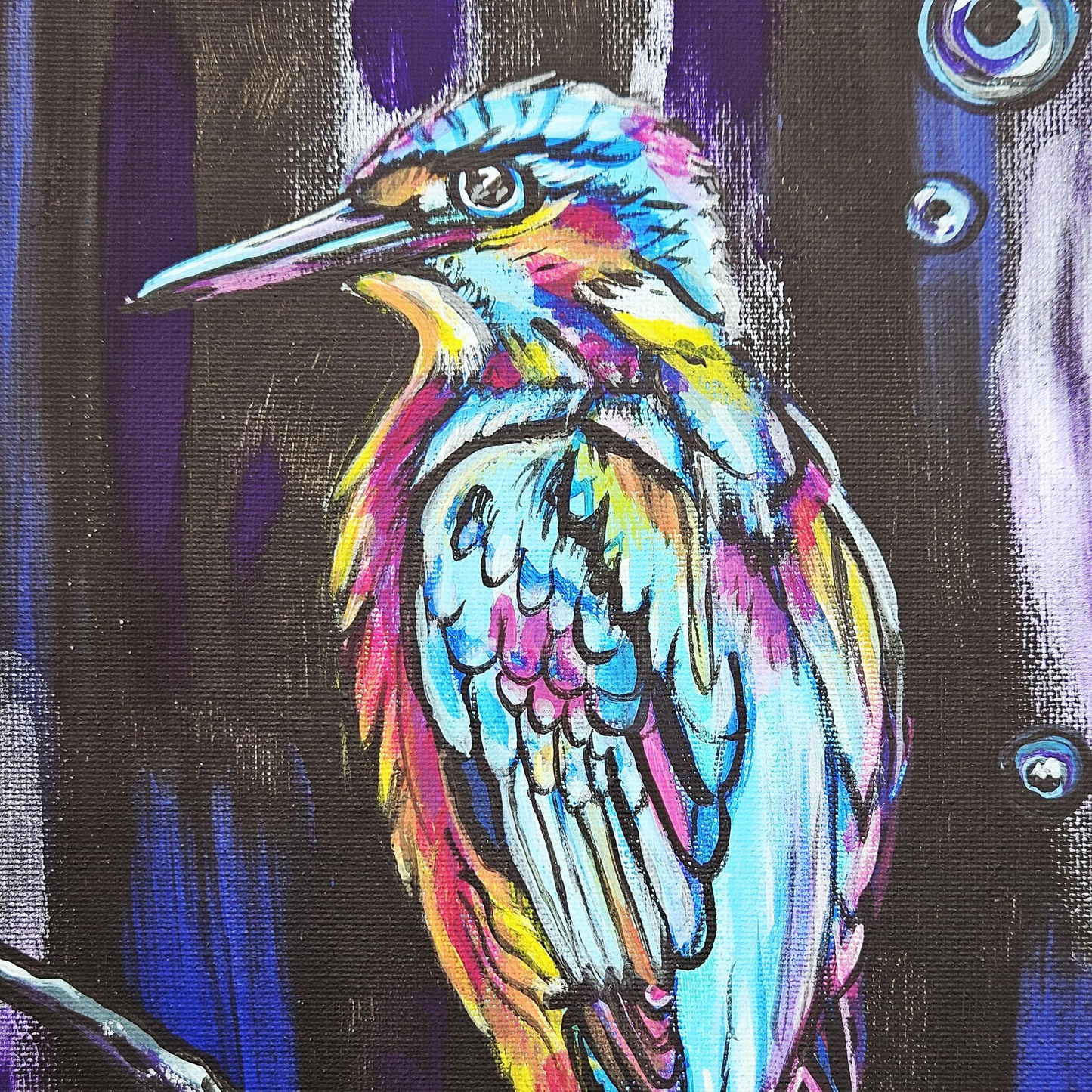 Neon Current Kingfisher Painting – Hand-painted Original Artwork 35×26 cm by Hook & Hex