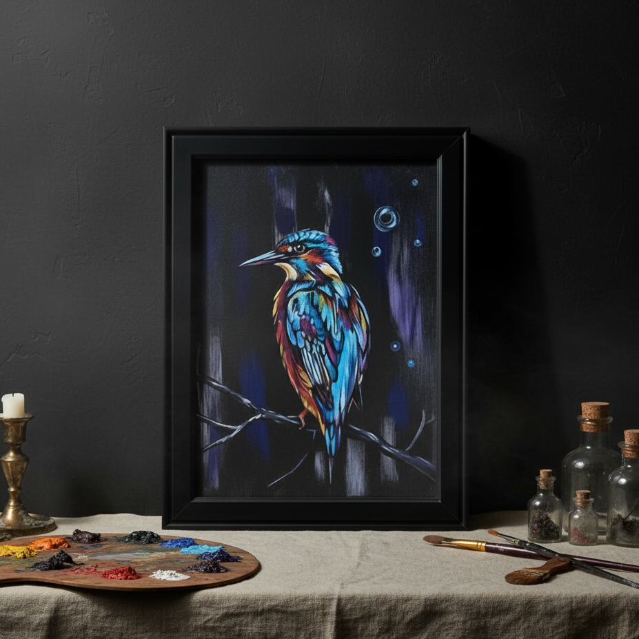 Neon Current Original Acrylic Painting – Kingfisher Wall Art, 35×26 cm by Hook & Hex