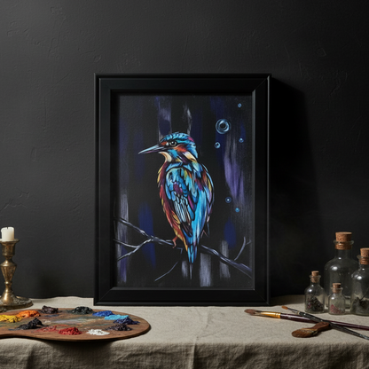 Neon Current Original Acrylic Painting – Kingfisher Wall Art, 35×26 cm by Hook & Hex