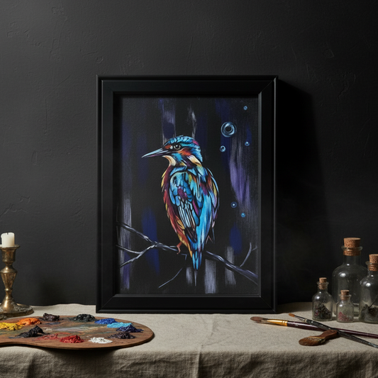 Neon Current Original Acrylic Painting – Kingfisher Wall Art, 35×26 cm by Hook & Hex