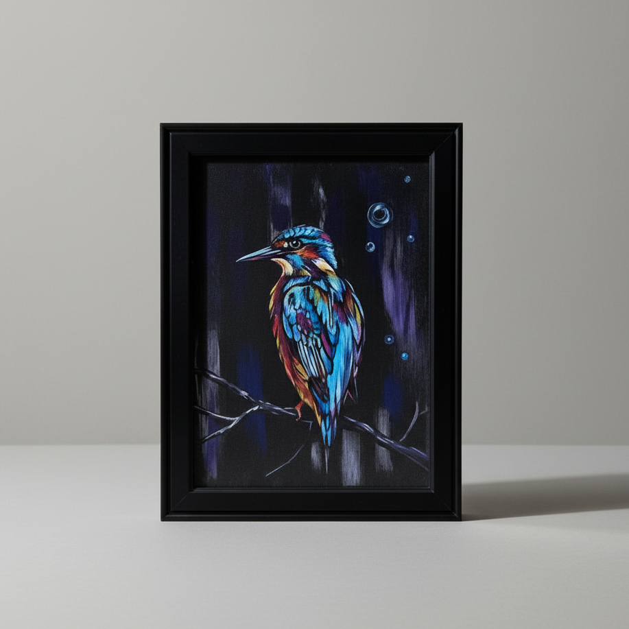 Neon Current Original Acrylic Painting – Kingfisher Wall Art, 35×26 cm by Hook & Hex
