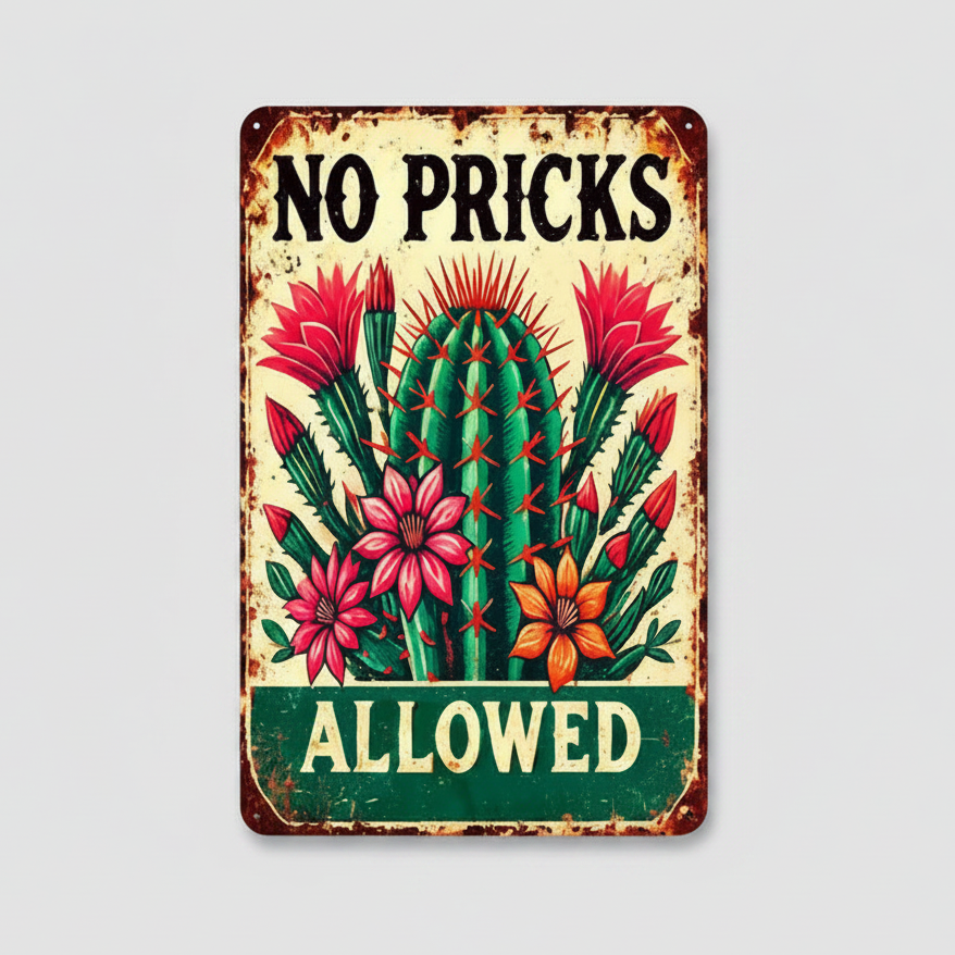 No Pricks Allowed Metal Sign – Cactus Humor Wall Art, 20 × 30 cm