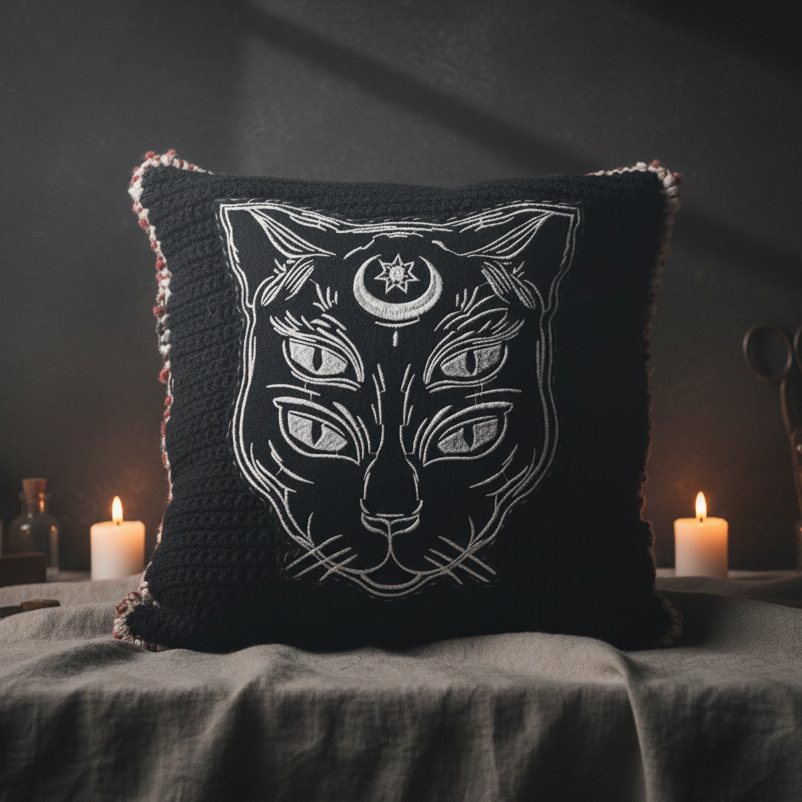 Nocturne Familiar Crochet Cushion – Mysticism for Dark Interiors, 34 × 34 cm by Hook & Hex