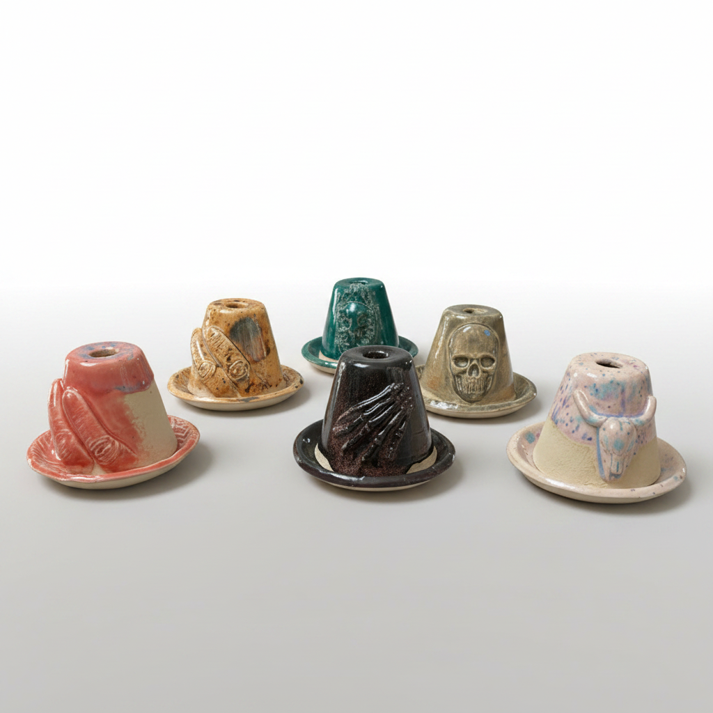 Nocturne Sightings Ceramic Incense Holder – Cone Ritual Vessel, Ø8×5.5 cm by Red Raven Pottery