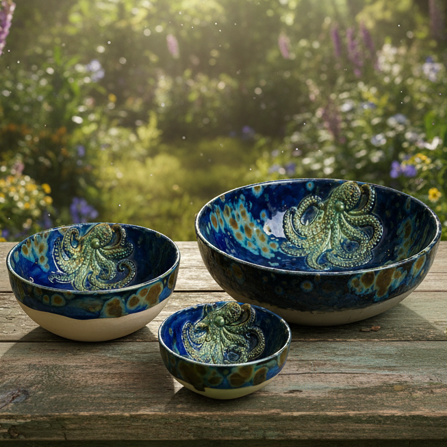 Octopus Drift Ceramic Bowl – Deep Sea Ritual Vessel, Ø11/ Ø13 / Ø22 x 5.7 cm by Red Raven Pottery