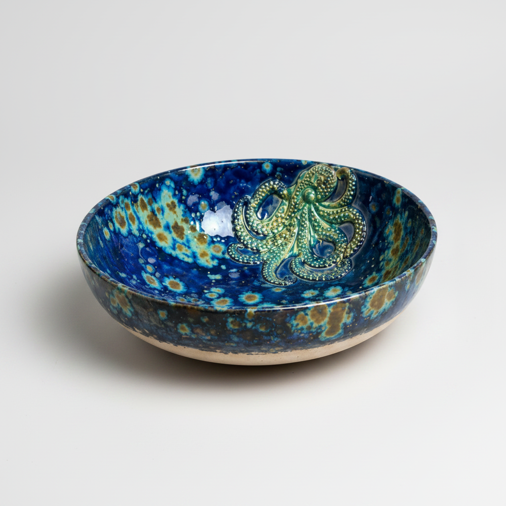 Octopus Drift Ceramic Bowl – Deep Sea Ritual Vessel, Ø11/ Ø13 / Ø22 x 5.7 cm by Red Raven Pottery