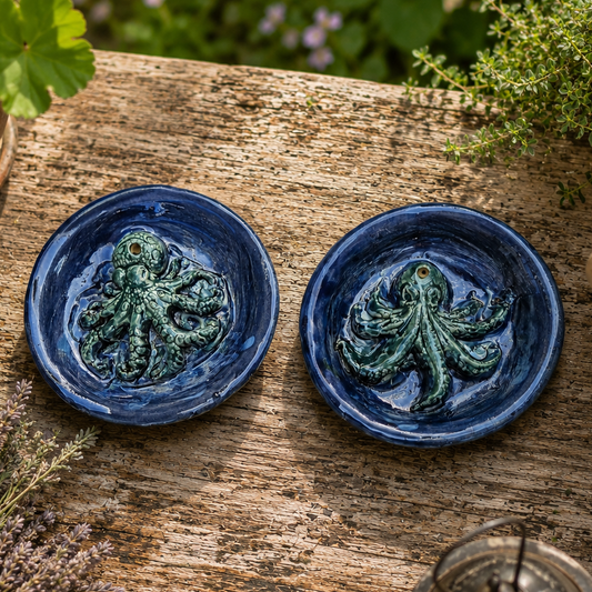 Octopus Drift Ceramic Incense Holder – Tide-Quiet Ritual Vessel, Ø8 x 1.5cm by Red Raven Pottery