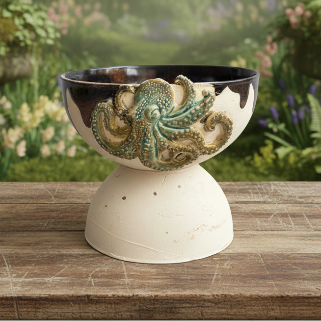 Octopus Drift Ceramic Planter – Grounded Shoreline Form, Ø14×11.5 cm by Red Raven Pottery