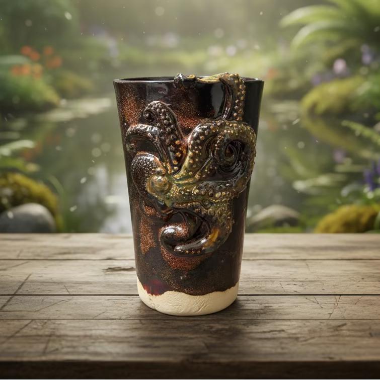 Octopus Drift Ceramic Tumbler – Dark Current Vessel, Ø8×12 cm by Red Raven Pottery