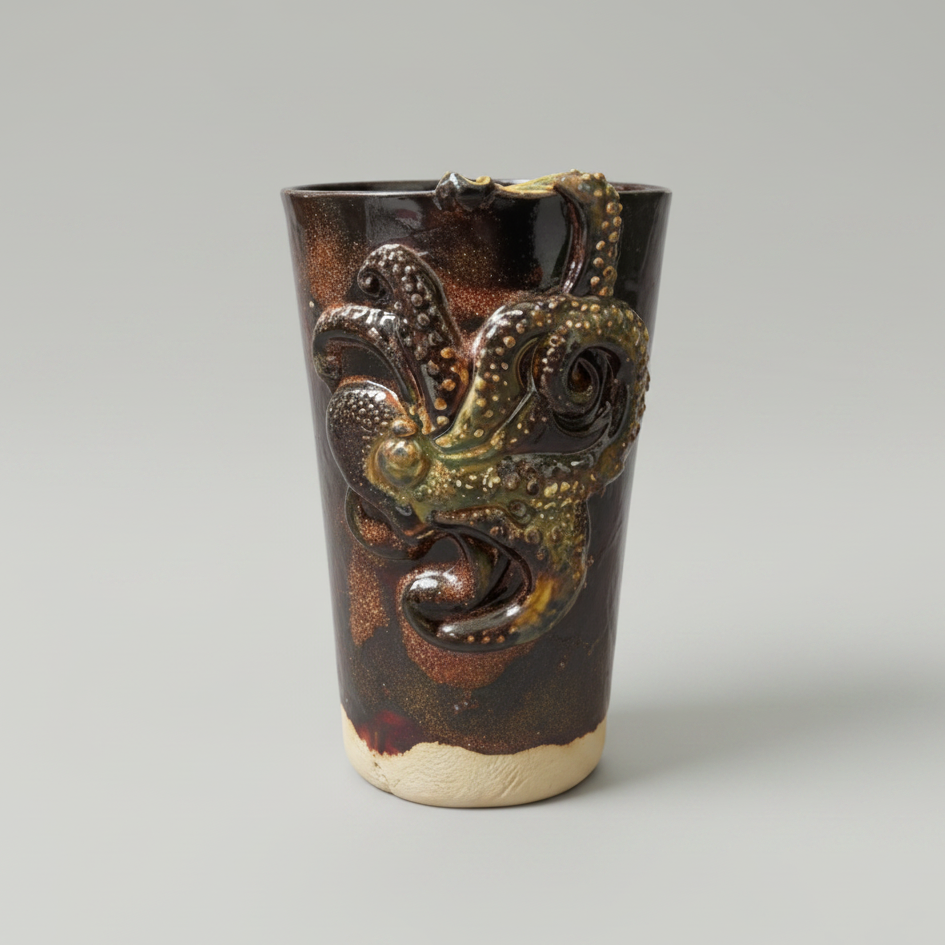 Octopus Drift Ceramic Tumbler – Dark Current Vessel, Ø8×12 cm by Red Raven Pottery