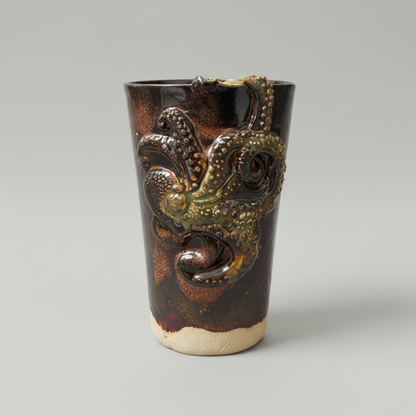 Octopus Drift Ceramic Tumbler – Dark Current Vessel, Ø8×12 cm by Red Raven Pottery