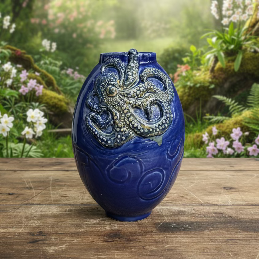 Octopus Drift Ceramic Vase – Ocean Depth Vessel, Ø11×17 cm by Red Raven Pottery
