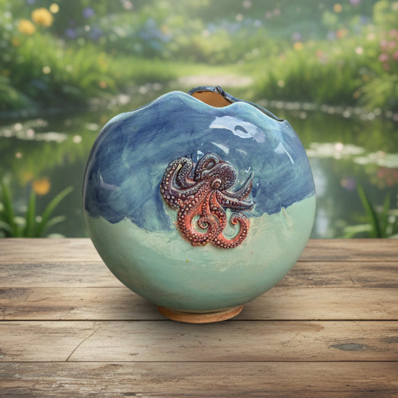 Octopus Drift Ceramic Vase – Tidal Spirit Vessel, 21×21×12 cm by Red Raven Pottery