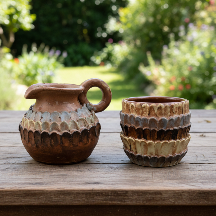 Pangolin Scales Ceramic Mug & Pitcher Set – Armor in Red Clay, Ø8×8 cm / Ø10×10 cm by Red Raven Pottery