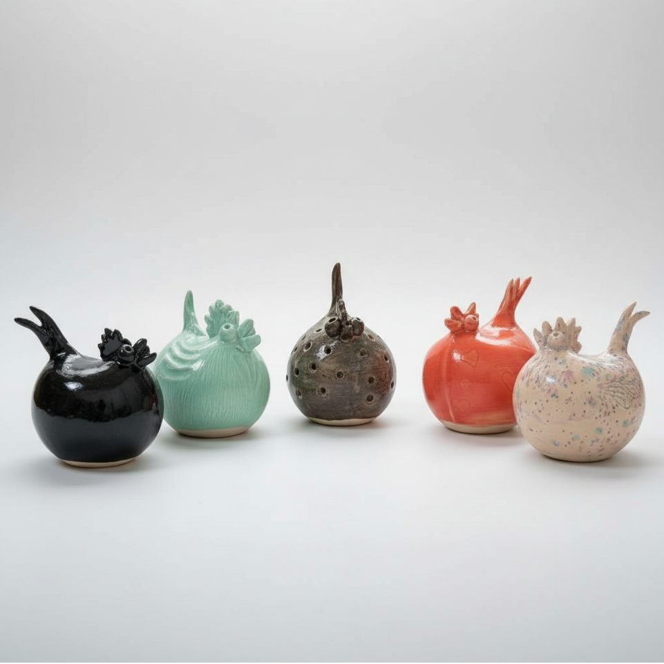 Perched Chicken Ceramic Figurine – Curious Farmyard Spirit, Ø7×10 cm by Red Raven Pottery
