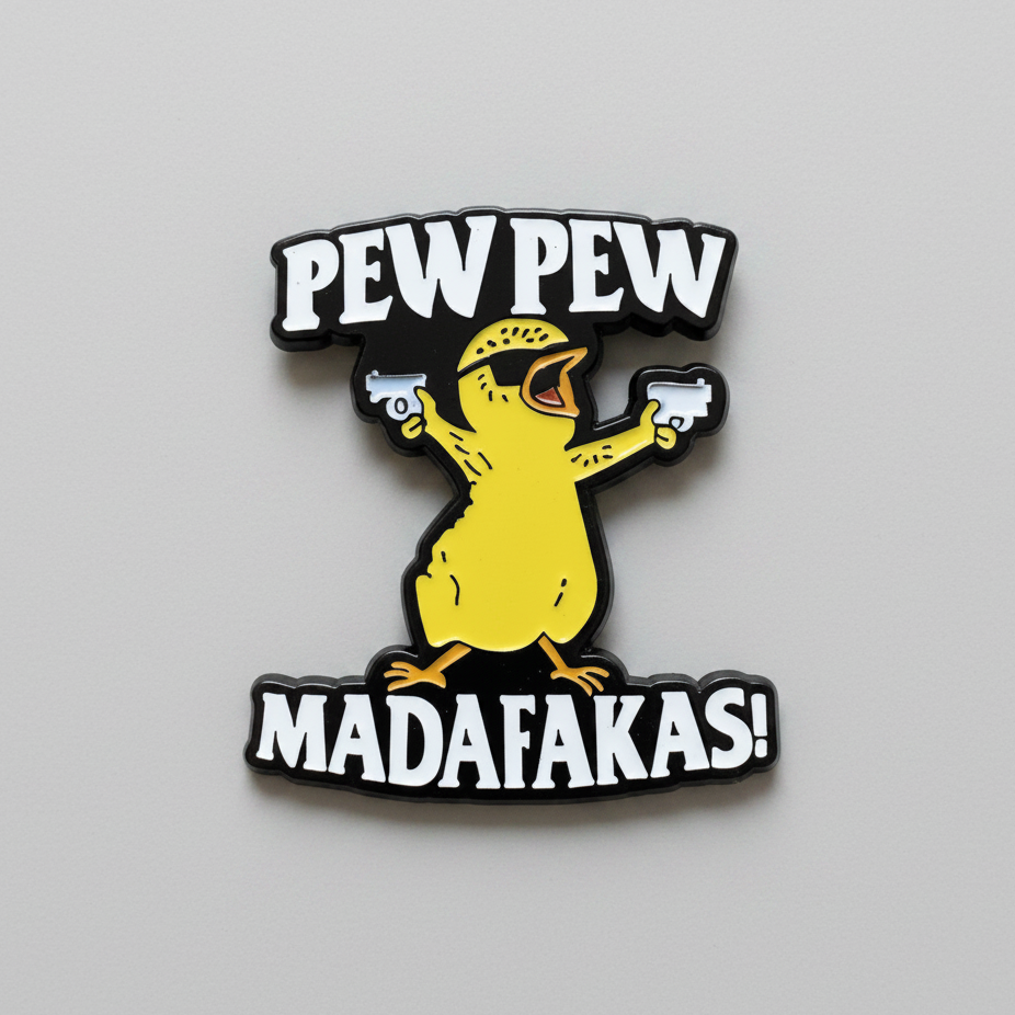 Pew Pew Madafakas Lapel Pin – Cheeky Chick Metal Badge, 3 × 2.7 cm
