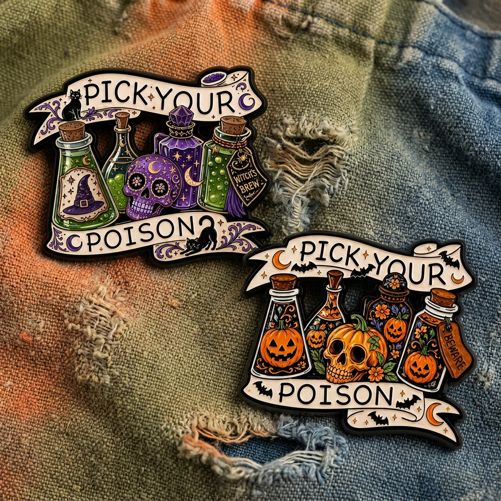 Pick Your Poison Enamel Pin – Witchy or Halloween Metal Badge, 3.2 × 2.6 cm