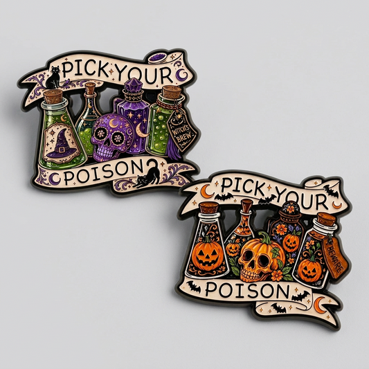 Pick Your Poison Enamel Pin – Witchy or Halloween Metal Badge, 3.2 × 2.6 cm
