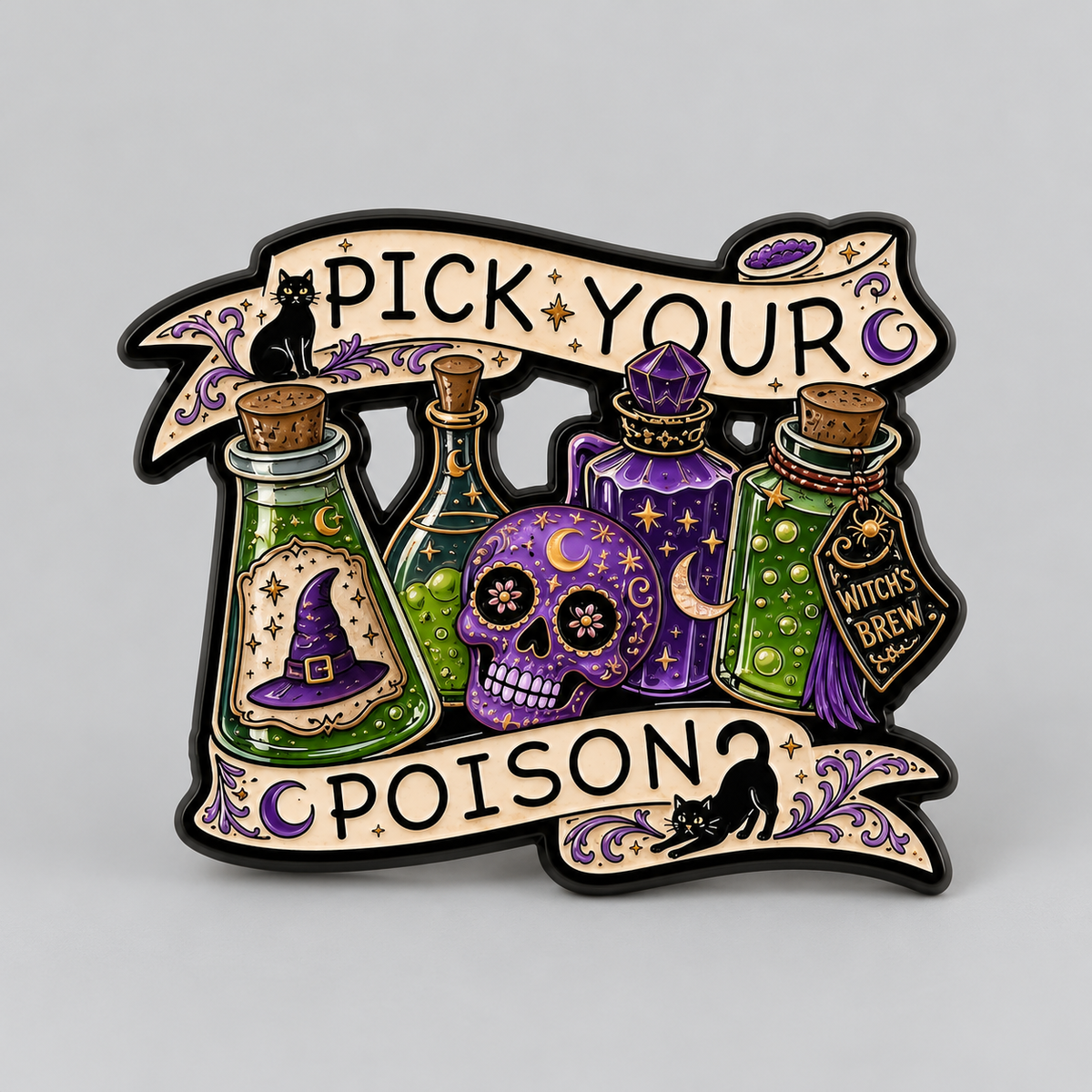 Pick Your Poison Enamel Pin – Witchy or Halloween Metal Badge, 3.2 × 2.6 cm