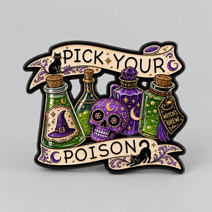 Pick Your Poison Enamel Pin – Witchy or Halloween Metal Badge, 3.2 × 2.6 cm