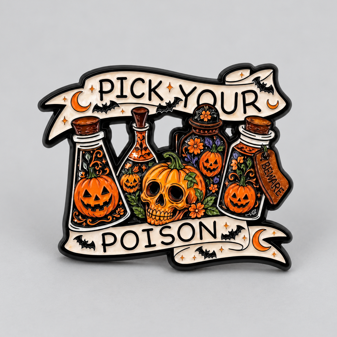 Pick Your Poison Enamel Pin – Witchy or Halloween Metal Badge, 3.2 × 2.6 cm